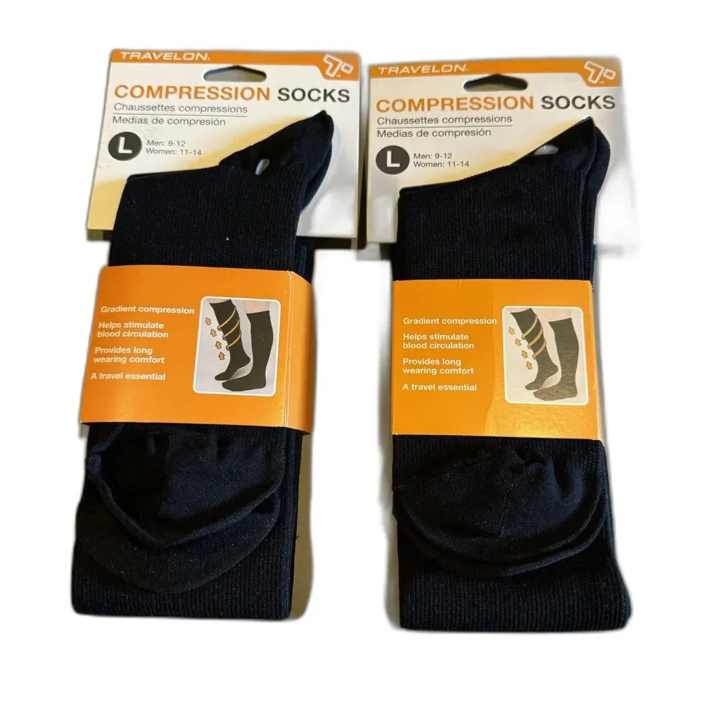 New Travelon Compression Socks 2 Pair Black Knee High Travel Support Size Large
